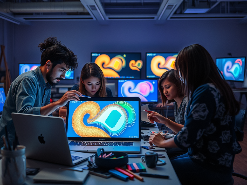 A diverse group collaborates on a design project in a tech workspace, surrounded by digital screens.