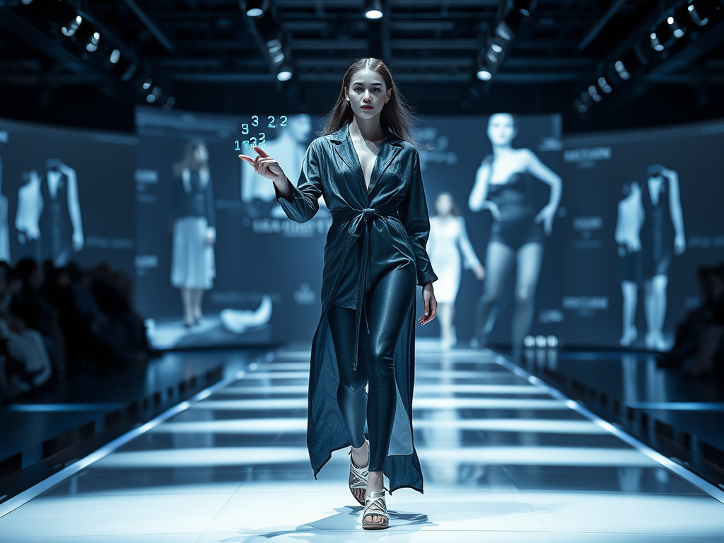 A model walks the runway in a stylish outfit, displaying a confident pose amidst digital fashion backdrops.