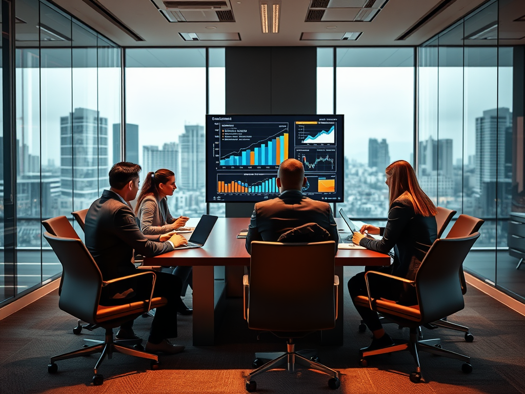 A team of professionals in a conference room analyzing data on a screen with a city skyline in the background.