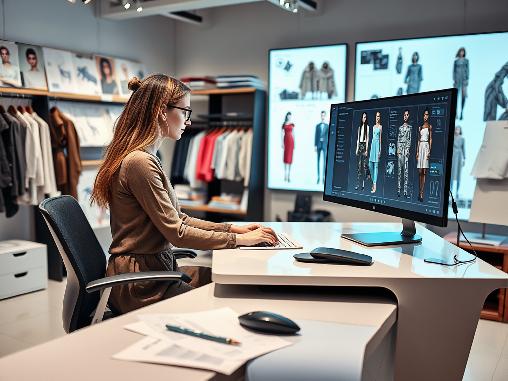 A woman works at a computer in a fashion store, surrounded by clothing and displaying outfit designs on the screen.