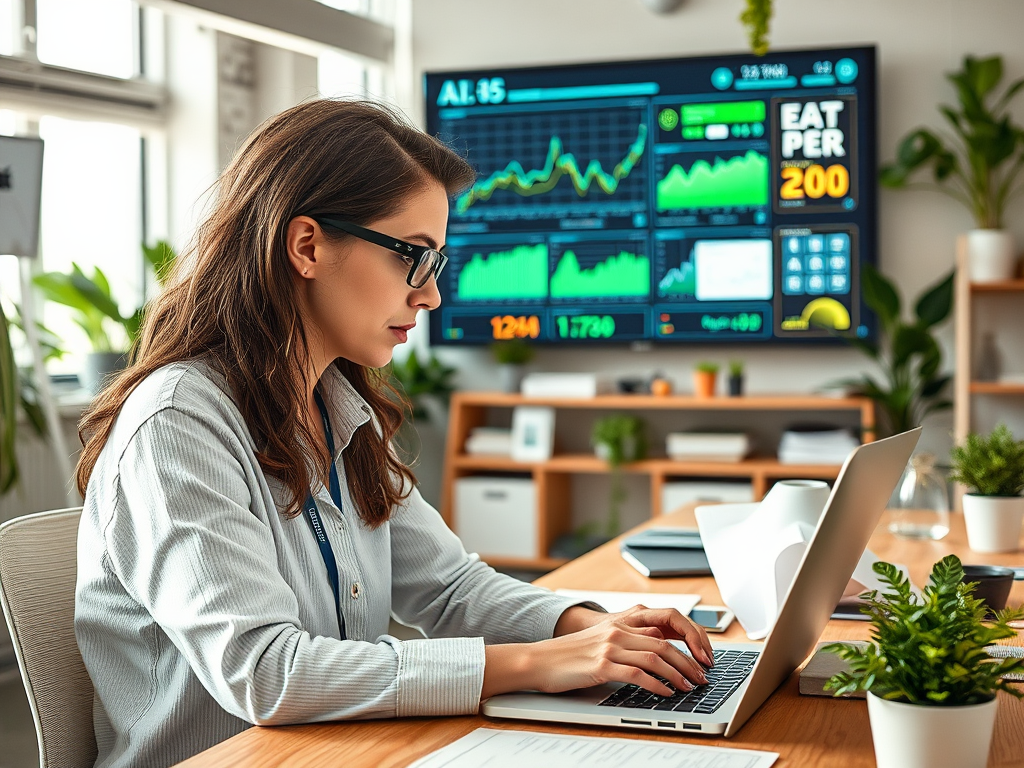 A woman works on a laptop in a modern office, with financial graphs displayed on a screen behind her.