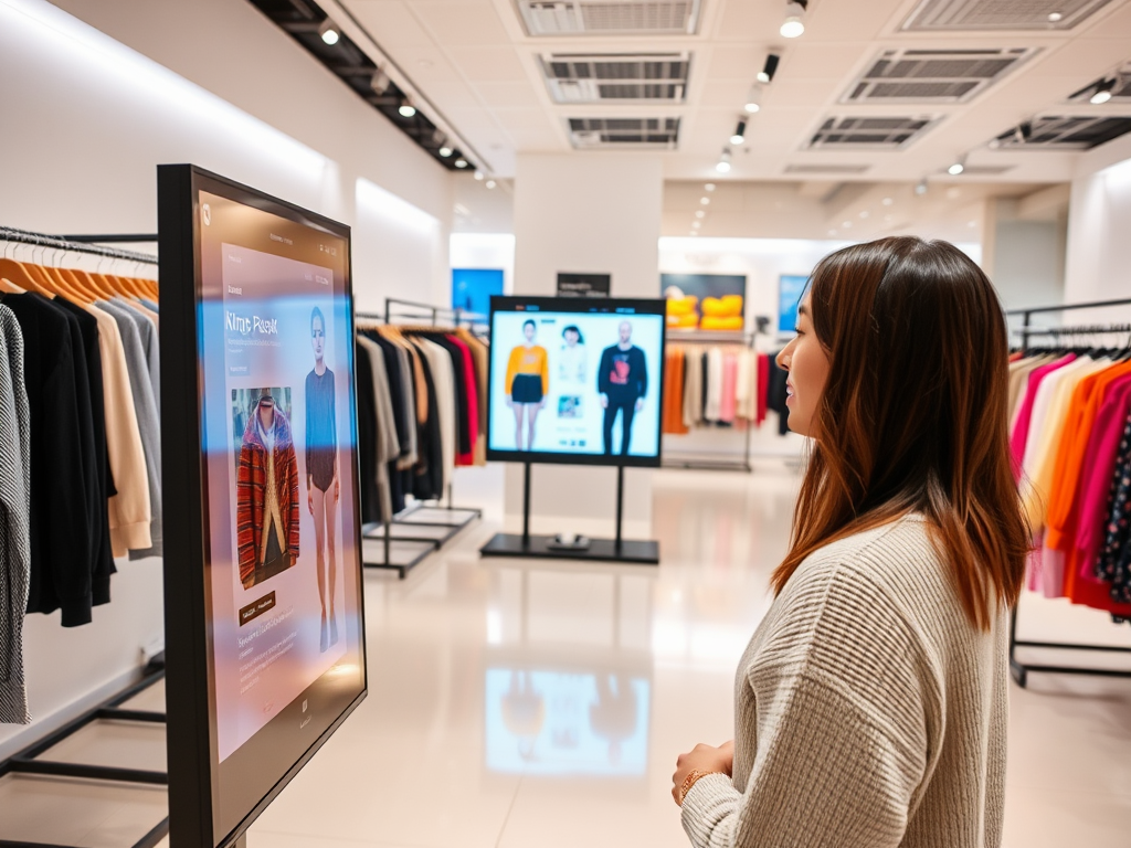 A woman stands in a clothing store, viewing digital displays showcasing various outfits on interactive screens.