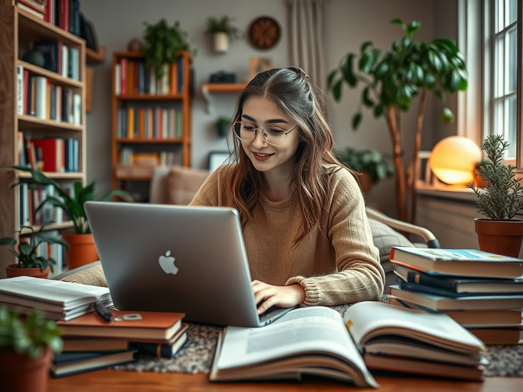 A young woman with glasses smiles while working on a laptop surrounded by books and plants in a cozy room.