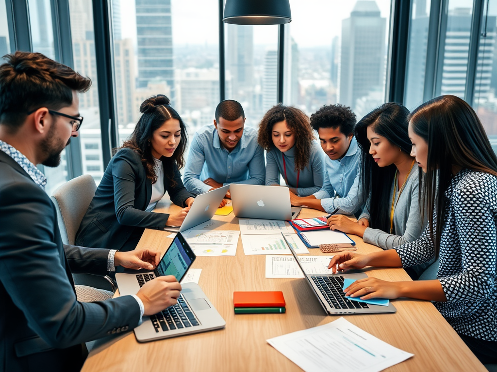 A diverse group of eight colleagues collaborates over laptops and documents in a modern office setting.